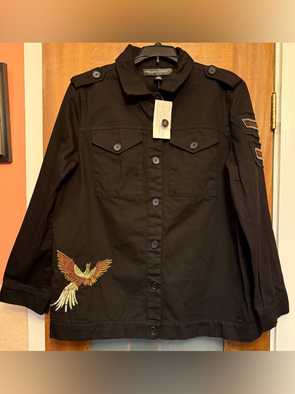 Colleen Lopez Haute Hustle Black Beaded Embroidered Military Denim Jacket